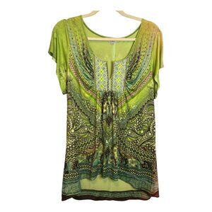One World Blouse Women's Size XL beaded paisley embroidered Office green